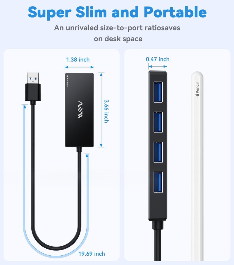 IVIIN محور USB 3.0، موزع USB 4 منافذ، محول محمول متعدد المنافذ لمركز البيانات للكمبيوتر المحمول، Xbox، محرك فلاش، HDD، وحدة التحكم، الكاميرا، لوحة المفاتيح، الفأرة لنظام Windows، Mac OS، الكمبيوتر الشخصي، غير مصمم لشحن الأجهزة - أسود - Image 4